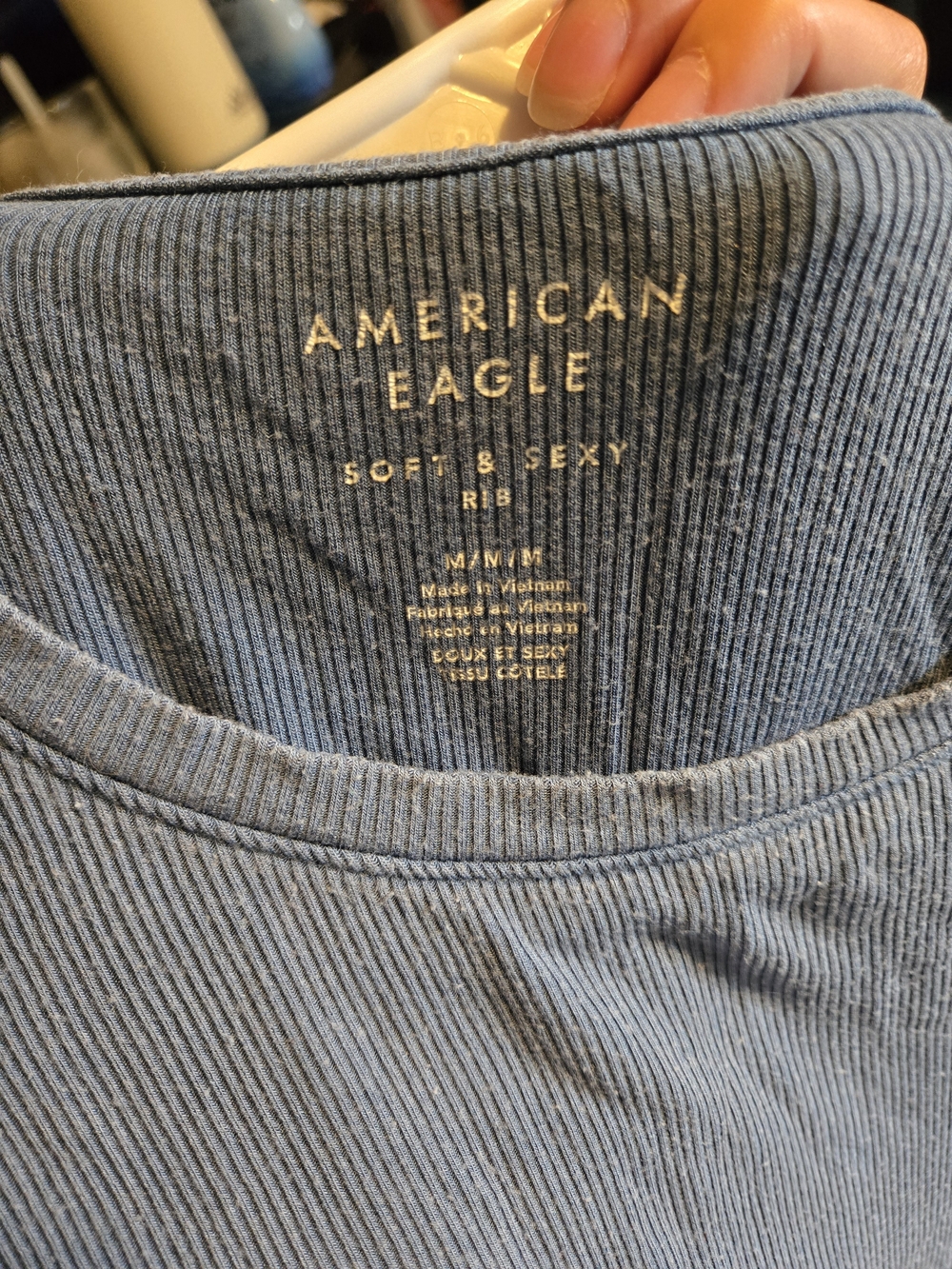 American Eagle Blue Ribbed Cropped Oversized T-Shirt Size Medium